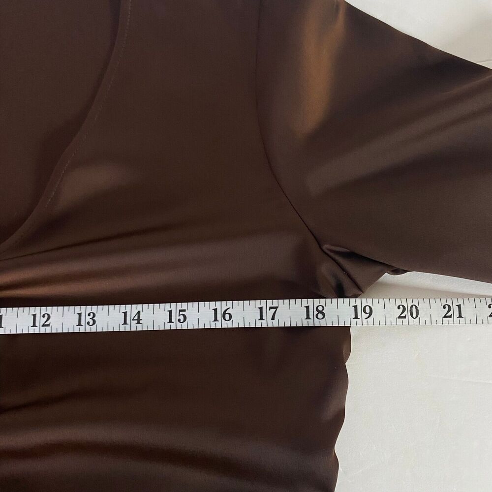 HM Satin Cinched Blouse Women's Medium Brown Trumpet Sleeves V-Neck Pullover - Picture 8 of 11